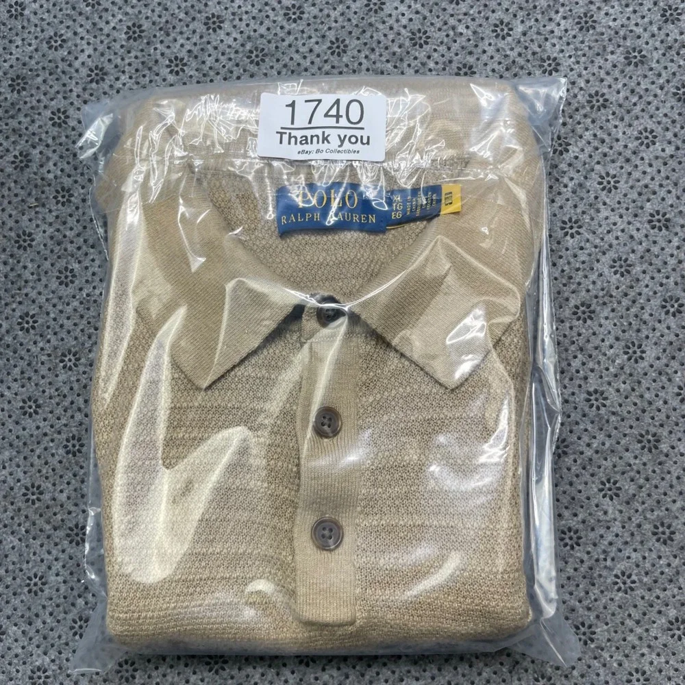 Polo Ralph Lauren Men XL Tan Cotton Linen Knit Sweater Pocket Polo Shirt